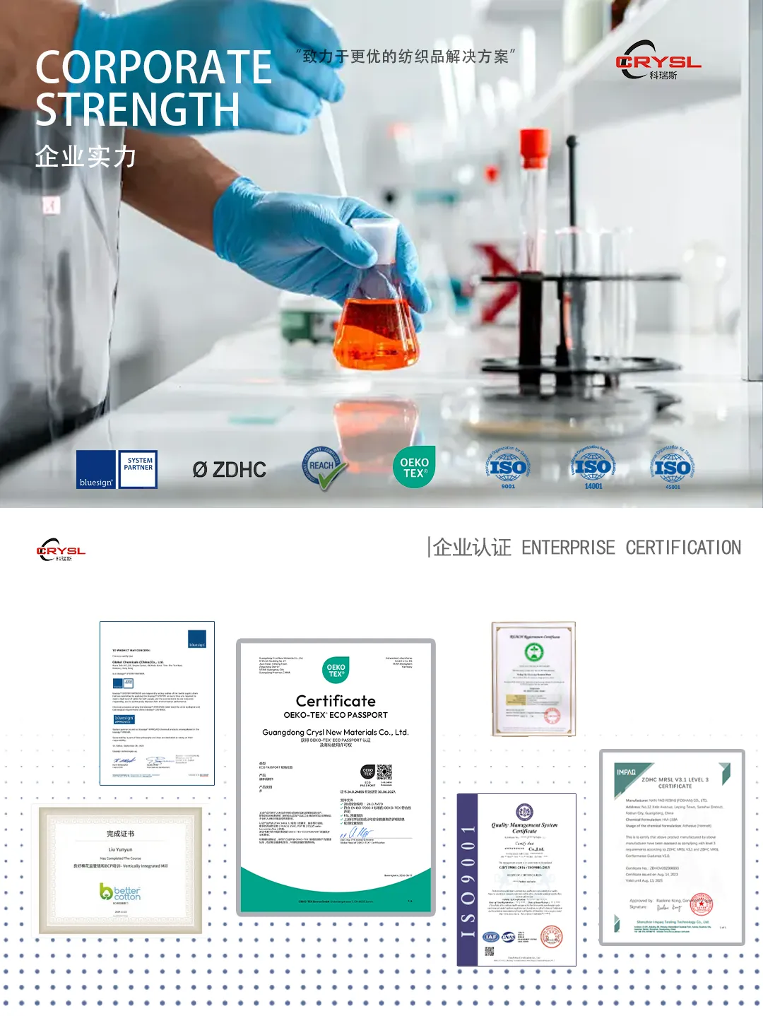 科瑞斯企业实力与认证证书汇总：bluesign、ZDHC、REACH、OEKO-TEX、ISO9001、ISO14001